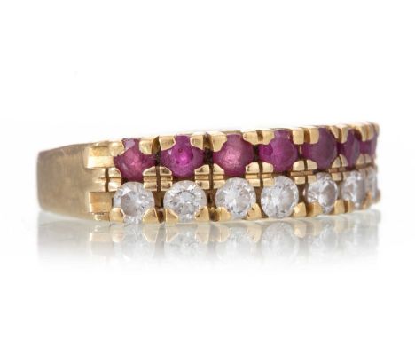 RUBY AND DIAMOND RING UNMARKED   set with a row of seven round rubies and seven diamonds, size M 1/2  Qty: 3.9g  Well worn. S