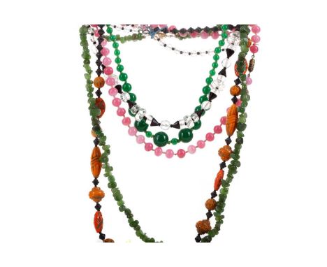 JADE NECKLACE ALONG WITH  FOUR OTHERS the jade necklace formed by jade chips, along with two beaded examples, a carved orange