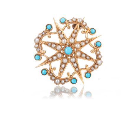 VICTORIAN TURQUOISE AND PEARL BROOCH LATE 19TH CENTURY  in fifteen carat gold