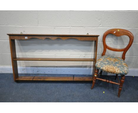 A OAK WALL MOUNTED SHELF width 127cm x height 76cm, along with a balloon back chair (2)