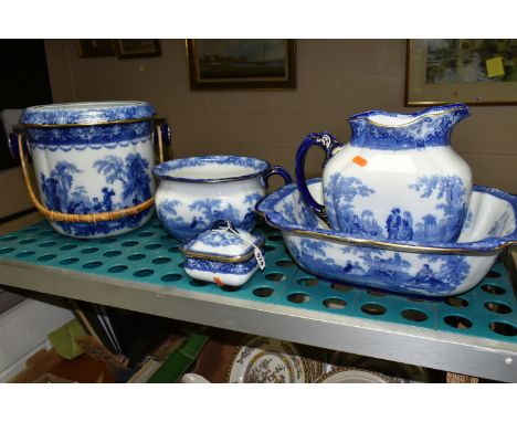 FIVE PIECES OF DOULTON WATTEAU AND SIMILAR, comprising a Doulton 'Watteau' wash jug, rectangular basin, commode or large cham