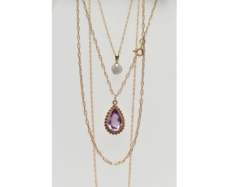 TWO PENDANT NECKLACES, the first a pear cut amethyst pendant, milgrain collet set to a fine rope twist surround, fitted with 