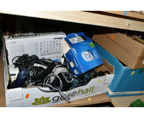 SIX BOXES OF ELECTRONICS, TOOLS AND HARDWARE, to include a boxed Intel Core 2 Duo Processor E8600, a boxed AS Rock P5B-DE mot
