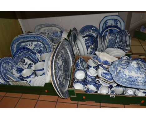 FOUR BOXES OF EARLY 20TH CENTURY BLUE AND WHITE CERAMICS, comprising a large quantity of plates, meat plates, tureens, jugs, 