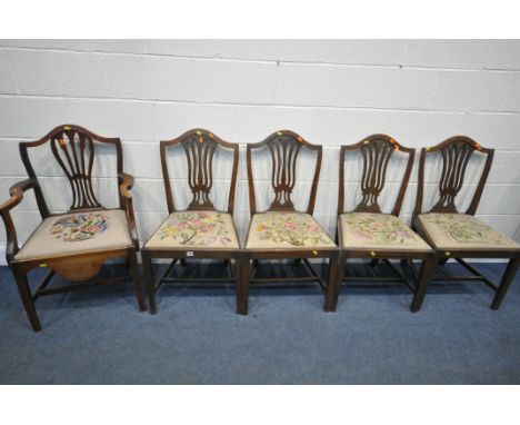A SET OF FOUR GEORGIAN STYLE SPLAT BACK CHAIRS, with needle work drop in chairs, along with a similar commode arm chair (cond