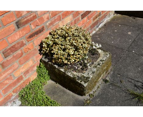 A VINTAGE SANDSTONE PUMP TROUGH width 54cm depth 57cm height 30cm at highest point with soil and planting Condition some loss