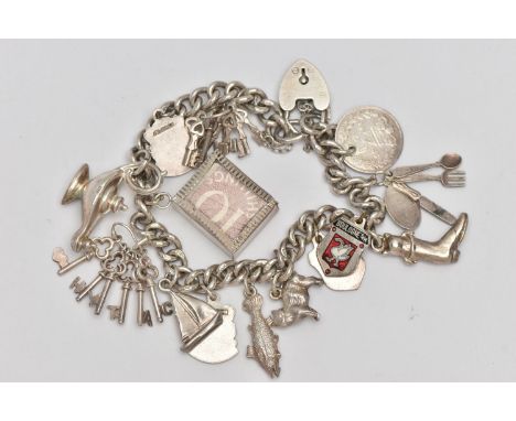 A SILVER CHARM BRACELET, curb link bracelet each link stamped with a sterling mark, fitted with fourteen charms in forms such