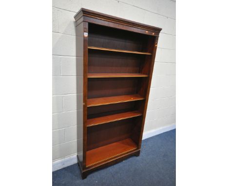 A MODERN MAHOGANY OPEN BOOKCASE, with five adjustable shelves, width 98cm x depth 30cm x height 192cm (condition missing one 