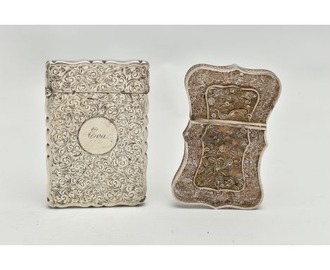 A LATE VICTORIAN SILVER CARD CASE OF WAVY RECTANGULAR OUTLINE AND A CHINESE WHITE METAL FILIGREE CARD CASE, the Victorin exam