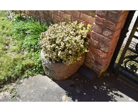 A VINTAGE COMPOSITE TROUGH with one curved end width 40cm depth 57cm height 30cm(probably reconstituted stone) this lot is no
