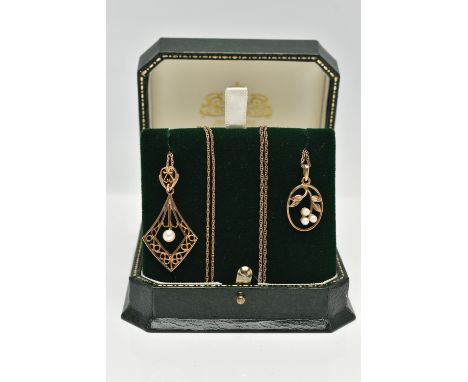 TWO PENDANT NECKLACES, the first of an oval openwork form, set with cultured pearls, stamped 9ct, suspended from a fine Princ