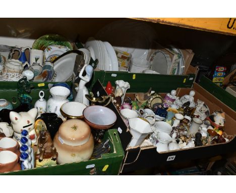 FIVE BOXES AND LOOSE CERAMICS AND SUNDRY ITEMS ETC, to include Royal Worcester, Wedgwood and Queen Anne tea and dinner wares,