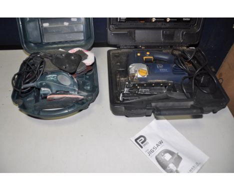 A PERFORMANCE PRO CLM651JS JIGSAW in case with spare blades along with a Black and Decker KA150K mouse/palm sander (both PAT 