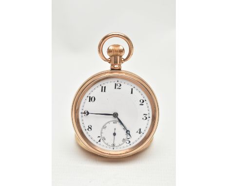 A ROLLED GOLD OPEN FACE POCKET WATCH, manual wind, round white dial, Arabic numerals, subsidiary seconds dial at the six o'cl