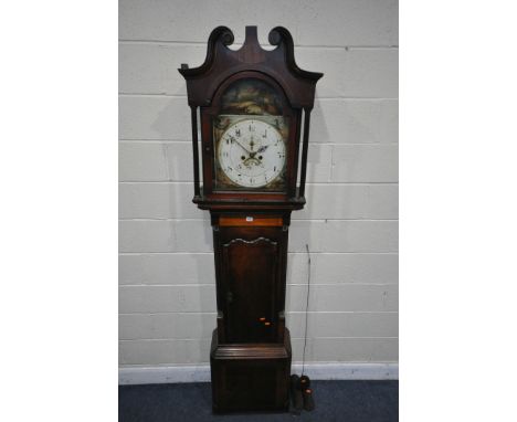 A GEORGIAN FLAME MAHOGANY 8 DAY LONGCASE CLOCK, the hood with a swan neck pediment and reeded pillar, surrounding a glazed do