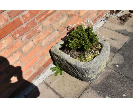 A VINTAGE SANDSTONE TROUGH with one curved end width 46cm depth 52cm  height 30cm with soil and planting( this lot is not sol