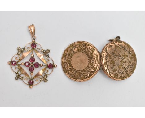 AN EARLY 20TH CENTURY LAVALIER PENDANT AND LOCKET PENDANT, the first a quatrefoil design open work pendant, set with split pe
