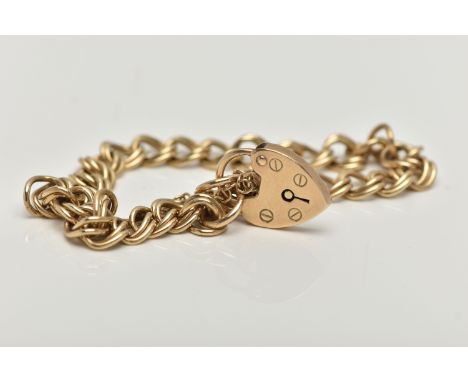 A 9CT GOLD BRACELET, double link bracelet, hallmarked 9ct Birmingham, fitted with a heart padlock clasp stamped 9.375, length