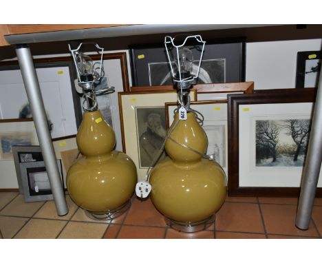 A PAIR OF TABLE LAMPS AND A COLLECTION OF PICTURES, to include a pair of contemporary gourd shaped table lamps, with a mustar