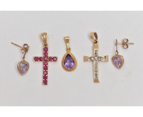FOUR PIECES OF JEWELLERY, to include a ruby set cross pendant, fitted with a tapered bail, hallmarked 9ct Sheffield, length i
