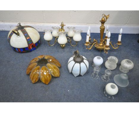 A SELECTION OF LIGHTING, to include a tiffany style domed ceiling light, an art deco orange glass ceiling shade, a 20th centu