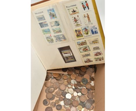 A BOX OF ASSORTED COINS AND STAMPS, assorted coinage and an album of first day covers and loose stamps