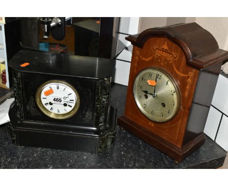 TWO EARLY 20TH CENTURY CLOCKS, comprising an inlaid oak 'Junghans' mantel clock with white Arabic dial, 33.5cm high, with key