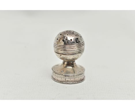 A GEORGE III SILVER COMBINATION POMANDER / PATCH BOX, the spherical top with screw off cover on a short pedestal to a circula