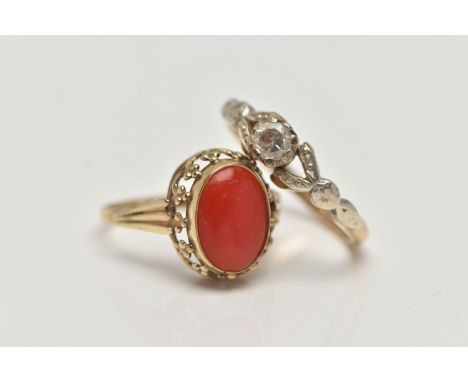 TWO GEM SET RINGS, the first a yellow metal ring set with an oval coral cabochon, openwork gallery, polished band, rubbed sta