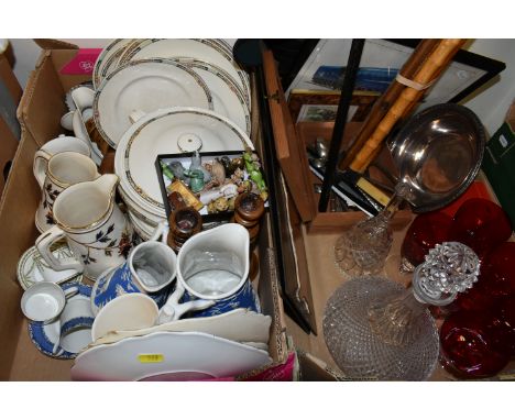 TWO BOXES OF CERAMICS AND COLOURED GLASS, to include five olive wood napkin rings, a pair of olive wood candle sticks, two la