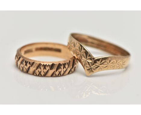 TWO 9CT GOLD RINGS, the first a yellow gold wishbone style band ring, etched pattern detail, hallmarked 9ct Birmingham, ring 