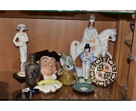 A GROUP OF CERAMICS, to include a Moorland Pottery face plaque (crazing), a Royal Crown Derby Imari 2451 side plate (second q