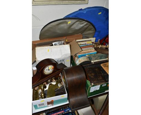 TWO BOXES AND LOOSE CLOCKS, BOOKS, EPHEMERA, VINTAGE LUGGAGE AND SUNDRY ITEMS, to include two wooden cased mantel clocks, pho