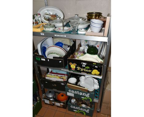SEVEN BOXES AND LOOSE CERAMICS, GLASS, COOKWARES, BOOKS AND SUNDRY ITEMS, to include a modern copper lined saucepan, a small 