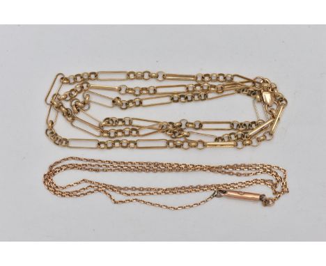 TWO YELLOW METAL CHAINS, the first a fine trace chain, fitted with a barrel clasp, stamped 9ct, together with a belcher and t