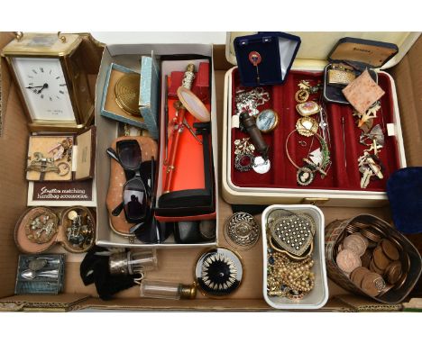 A BOX OF ASSORTED ITEMS, to include a cream jewellery box with costume jewellery such as brooches, earrings, bangle, stick pi