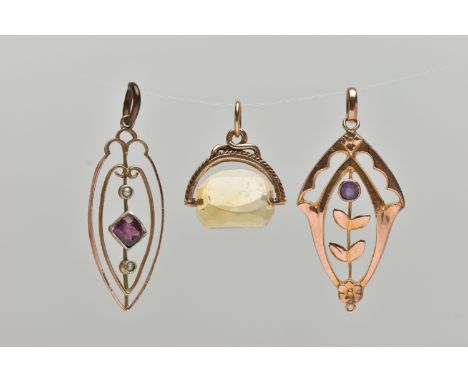 THREE PENDANTS, the first a rose metal openwork floral drop pendant set with a small circular cut amethyst, fitted with an ov