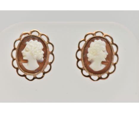 A PAIR OF 9CT GOLD CAMEO STUD EARRINGS, each of an oval form with carved shell cameo depicting a lady in profile, milgrain co