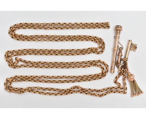 A YELLOW METAL LONGUARD CHAIN WITH WATCH KEY AND PROPELLING PENCIL, textured belcher link chain, unmarked, suspending a yello