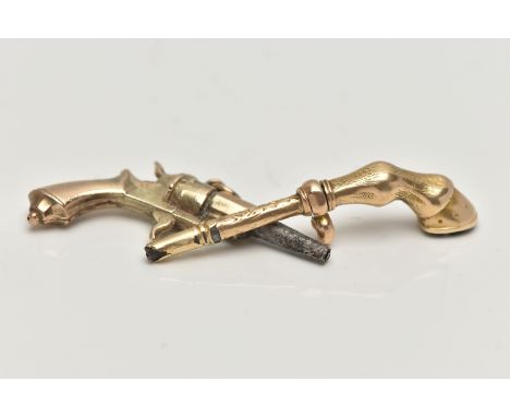 TWO YELLOW METAL NOVELTY WATCH KEYS, the first in the form of a pistol, fitted with a jump ring unmarked, the second in the f