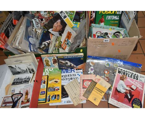 TWO BOXES OF VINTAGE MAGAZINES, POSTCARDS AND EPHEMERA, to include a collection of 1970's/1980's pin badges to include Star W