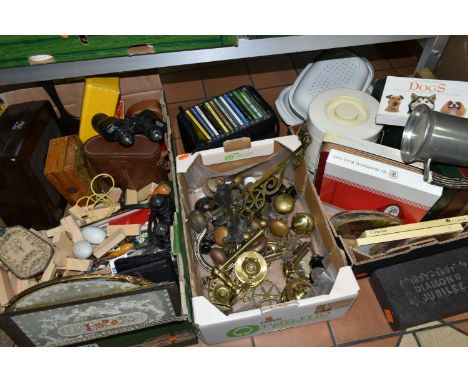 THREE BOXES AND LOOSE METALWARES AND SUNDRY ITEMS, to include a late nineteenth century commemorative brick stamped '1837-189