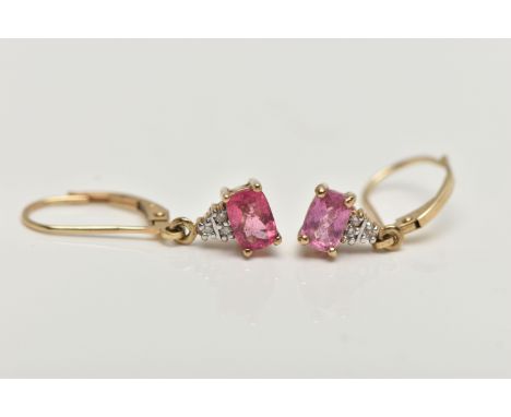 A PAIR OF 9CT GOLD PINK TOURMALINE AND DIAMOND DROP EARRINGS, each drop earring set with a mixed cut pink tourmaline, beneath