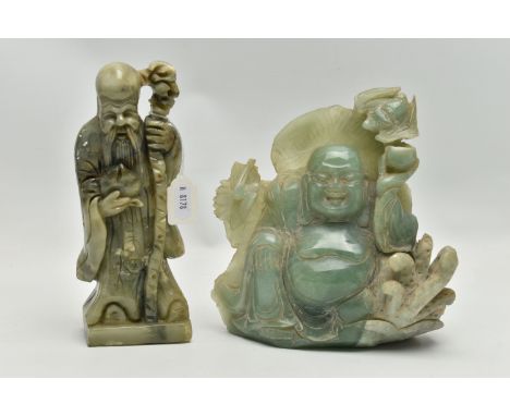 TWO HARD STONE CARVINGS, the first a light green jade carving of happy Buddha, approximate dimensions height 190mm x width 18