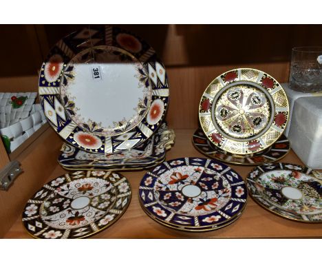 NINE ROYAL CROWN DERBY AND SIMILAR IMARI PLATES, comprising a Royal Crown Derby 1128 side plate and tea plate (second quality