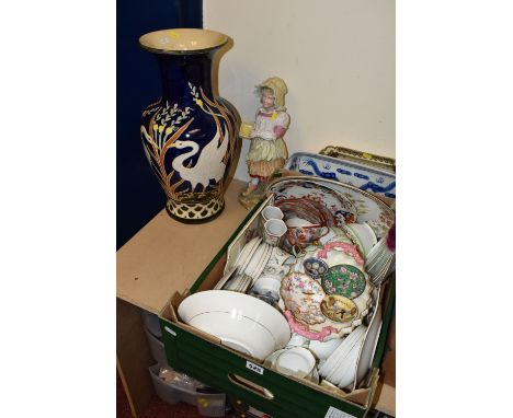 ONE BOX OF LATE 19TH/EARLY 20TH CENTURY CERAMICS, to include an 1881 Coalport A8649 bonbon dish, gilt edged with twin pink co