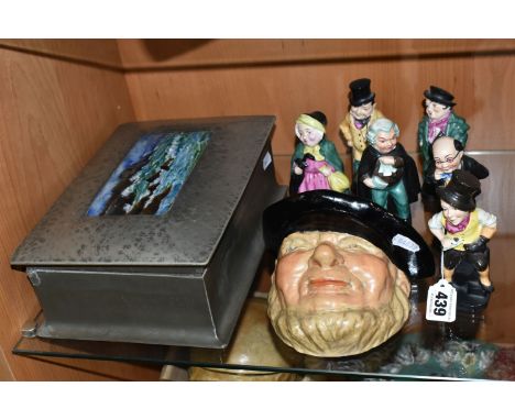 A GROUP OF CERAMICS AND A PEWTER JEWELLERY BOX, comprising a Gray's Pottery fisherman face plaque, width 17cm, six German cer