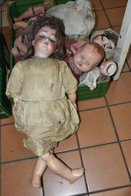TWO BOXES OF BISQUE HEAD DOLLS, EARLY 20TH CENTURY PORCELAIN HALF DOLLS AND OTHER DOLLS AND ACCESSORIES, including a bisque h