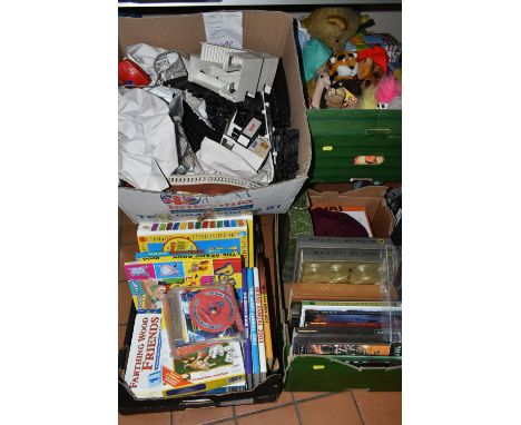 FOUR BOXES AND LOOSE TOYS, BOOKS AND SUNDRY ITEMS, to include a quantity of assorted vintage Scalextric items, track, accesso