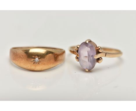 TWO GEM SET RINGS, the first a polished dome with a star set single cut diamond, hallmarked 9ct Birmingham rubbed, ring size 
